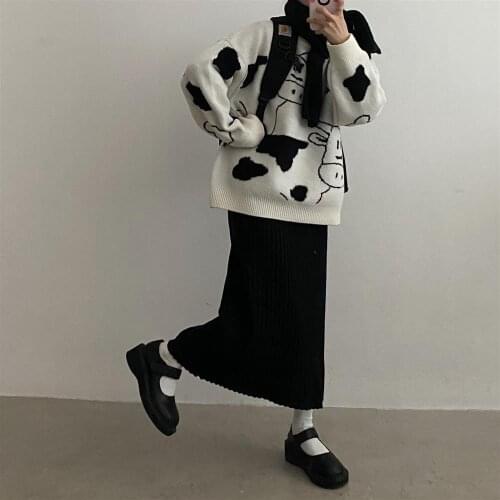 Cute Sweet Casual Cow Print Knitted Sweater Women Winter O Neck Loose Lazy Vintage Sweater Femme Korean Harajuku Pullover Jumper