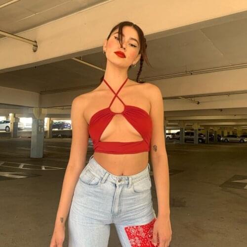 Crop Top Self Cultivation Halter Straight Collar Backless Hollow Out Personality Exposed Navel Summer T-Shirt