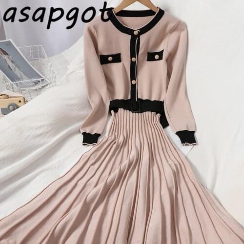 Hit Color O Neck Single-breasted Knitted Dress Women Long Temperament Slim Chic Korean Waist Pleated Sweater Dress Patchwork