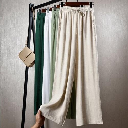 High Quality Women Casual Long Trousers 2021 Summer Spring Cotton Linen Pants Women Plus Size Solid Elastic Waist Wide Leg Pants