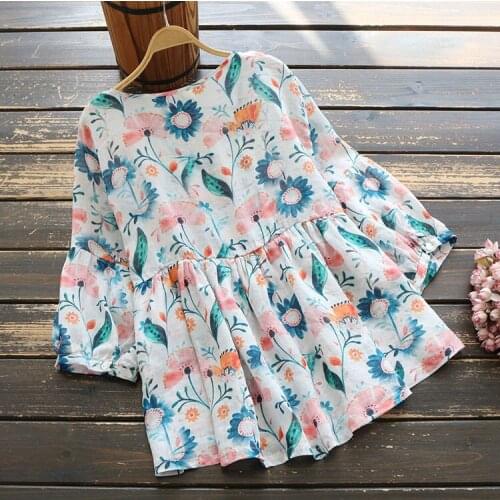 7924 New Summer Women Blouse Japan Style Literary Fresh Print O-Neck Half Sleeve Ramie Loose Tops Women