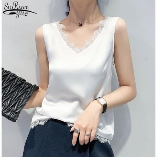 2021 Summer Lace V Neck Satin Temperament Bottoming Womans Shirts Inside and Outside Wear Camisole Solid Chiffon Blouse 9745