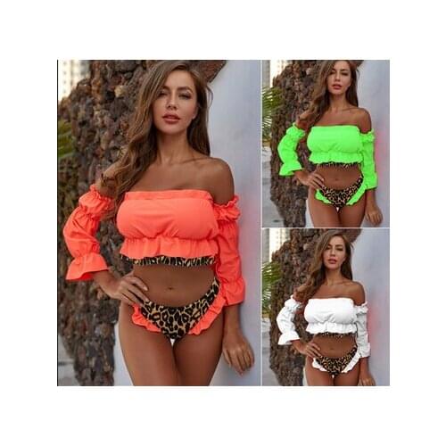 2021 Women Off Shoulder Ruffle Long Sleeve Bandeau+High Cut Leopard Bottom Bikini Swimwear 2 Piece Swimsuit Bathing Suit