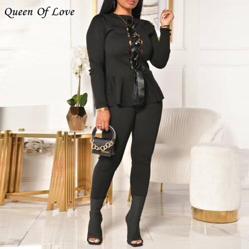 2 Piece Women Cross Bandage Ruffle Top Pant Matching Set 2020 New Autumn Fashion Streetwear Tracksuit Shirt Leggings Outfits