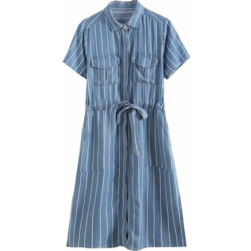 Women striped denim shirt dress short sleeve summer jeans dress slim waist turn down collar button up knee length cotton dress