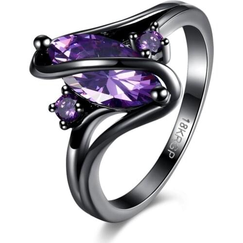 Hot Sale Exquisite Purple Crystal Zircon Ring Black Gold Filled Engagement Wedding Ring Size 6 7 8 PR868-A