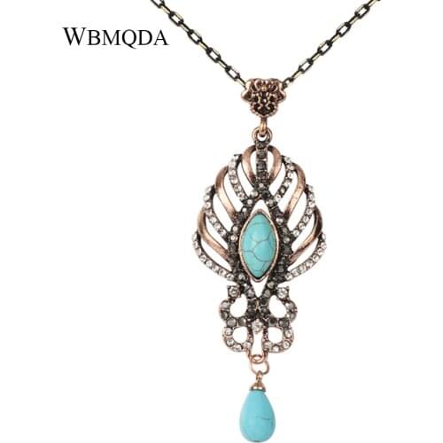 Bohemian Big Crystal Pendant Necklace Antique Gold Blue Stone Statement Necklaces For Women Vintage Jewelry