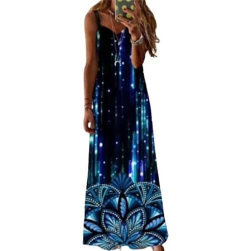 2021 New Five Color Print Spaghetti Strap Womens Dress Fashion Casual Printed Mid-Waist Dress Plus Size 5XL Summer Maxi Dresses