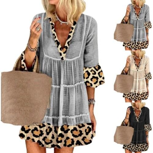 2021 New Party Dress Leopard Patchwork Women 3/4 Sleeve V Neck Dress for Party