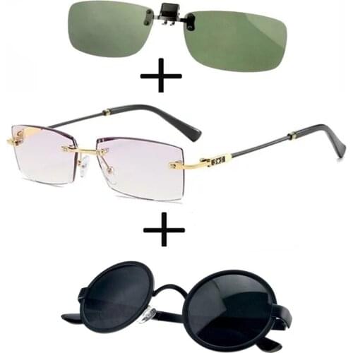 3Pcs!!! Rimless Frameless Luxury Reading Glasses for Men Women + Alloy Polarized Sunglasses Round + Sunglasses Clip