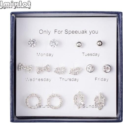 7pairs Mixed Styles Rhinestone Lip Bowknot Leaf Round Crystal Zircon Copper Stud Earrings Set For Women Girls Jewelry Wholesale