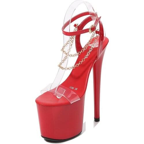 Mclubgirl Patent Leather 20cm High Heels Stiletto Chain Sexy Nightclub Waterproof Platform Stage Sandals Female Summer LFD