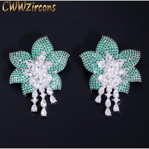 CWWZircons Leaf Drop Mirco Paved Green Cubic Zirconia Stone Big Designer Luxury Earrings for Women Bridal Wedding Jewelry CZ735
