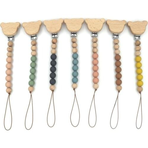 Baby Pacifier Chain Clip Dummy Holder For Nipples Clips Teething Silicone Beech Wood Beads Baby Birthday Gifts For Cute Baby