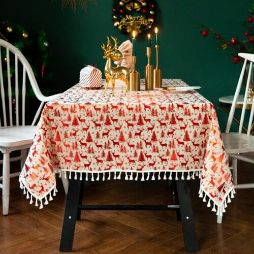Upscale Luxury Linen Cotton Tablecloth Red Christmas Tree and Cartoon Elk Printed White Tassel Hem Decoration Wedding Tablecover
