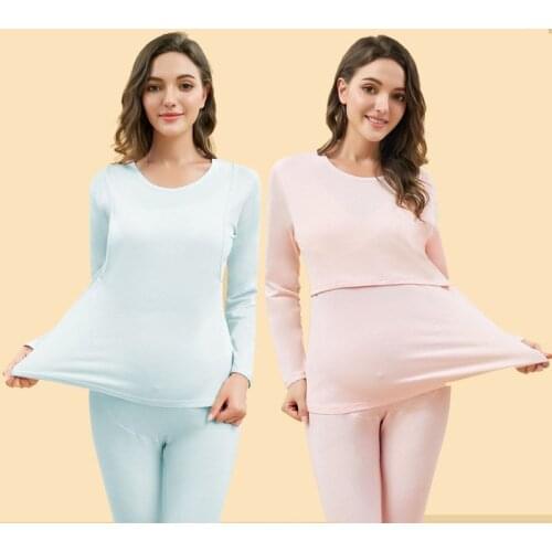 Cotton Pregnant Womens Clothes Long Sleeve Crew Neck Thermal Underwear Postpartum Nursing Pajamas Convenient For Breastfeeding