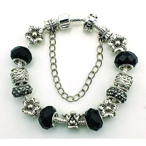 JINGLANG Fashion Europe Silver Plated Black Rhinestone Murano Beads Infinity Chain Retro Flower Cuff Bracelets DIY Jewelry