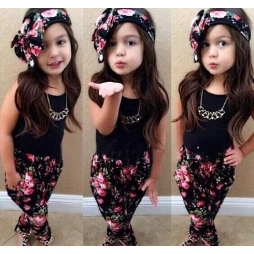 Summer Kids Girls Clothes Sleeveless Black Vest Floral Pants Headband Children 3pcs Children Girl Clothing Sets