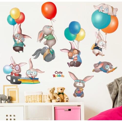 Cute Rabbits Balloon Wall Sticker for Kids rooms Decor Removable Vinyl PVC Wall Decals Children Home Decoration Murals Stickers