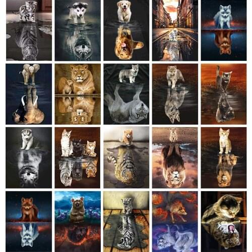 5D Diamond Painting Kit Animal Reflection Lion Tiger Full Round With AB Drill Embroidery Mosaic Picture DIY Home Decoration Gift