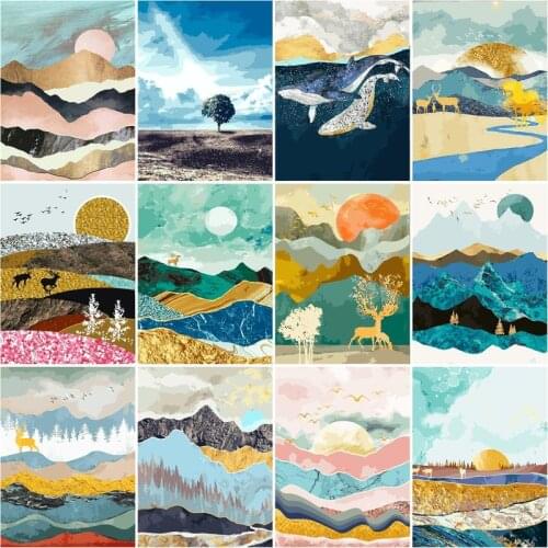 RUOPOTY DIY Oil Painting By Numbers For Adults Children Sunrise Mountain Landscape Picture By Number 60x75cm Frame Acrylic Gift