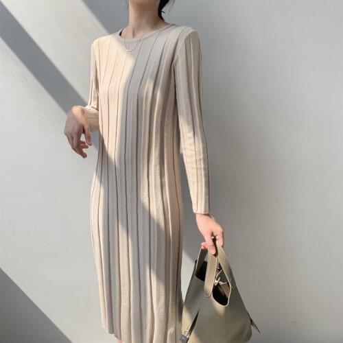 Obrix Casual Style Full Sleeve Female Dress Spring Striped Pattern Mid Calf Lenght Straight O-Neck Dress For Women