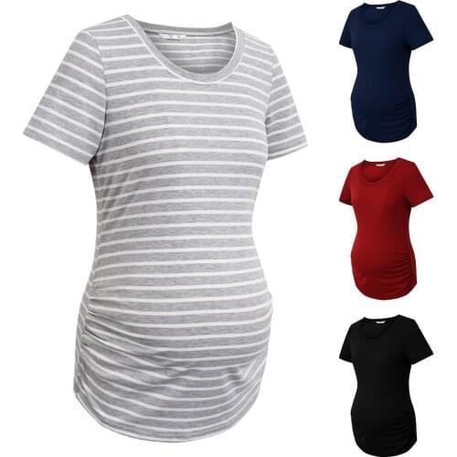 Maternity Solid Color T-shirt Striped Print Round Neck Short Sleeve Pregnancy Tops Summer Casual Women Clothes Tee Shirt
