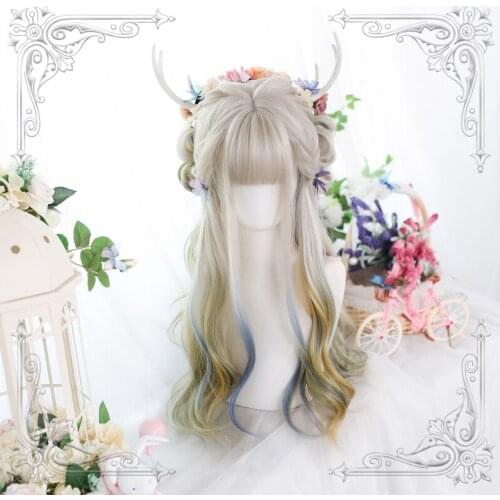 Dyed Gradient Linen Lolita Wig Harajuku Fairy Princess Cosplay Bangs Mixed Wavy Long Synthetic Hair Adult Girls Daily Wear