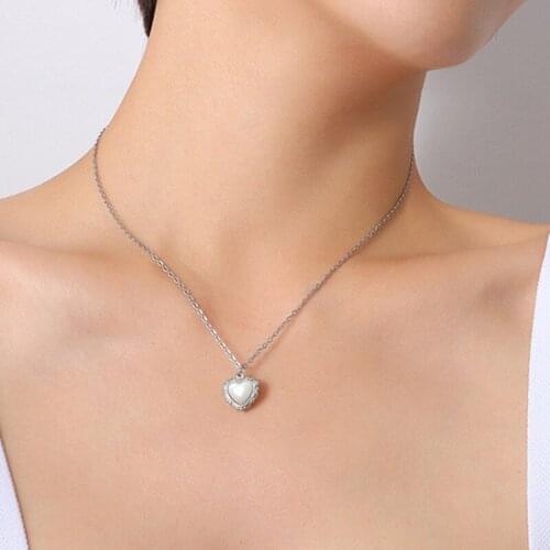 Cute Silver Color Stainless Steel Heart Pendant Necklace For Women Accessories, Natural White Shell Love Necklaces Woman Jewelry