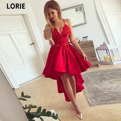 LORIE High Low Evening Dresses Real Spaghetti Straps Lace Appliques Bodice Tea-Length Party Gowns A-Line Satin Cocktail Dresses