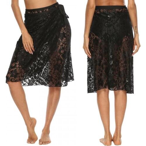 Sexy Lace Perspective Hollow Irregular Bandage Beach Skirt Ladies Cover Up Bikini 2021 Women Swimwear Sunscreen Vacation Skirts