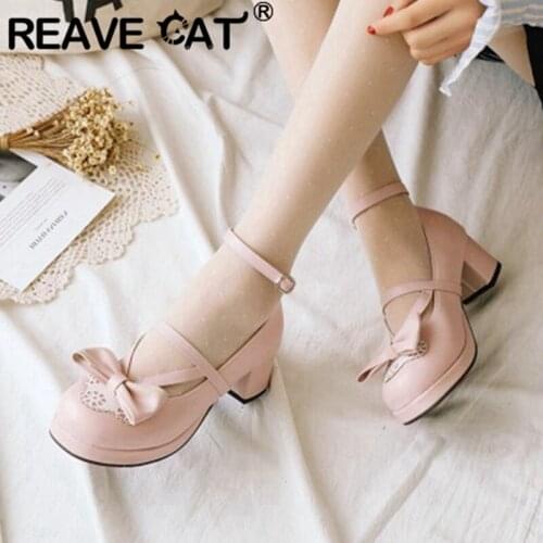 REAVE CAT New 2021 Ladies Pumps Sweet Cute Round Toe 5cm Heels Bowtie Elegent Buckle Colorful Plus Size 48 Summer Party A3303