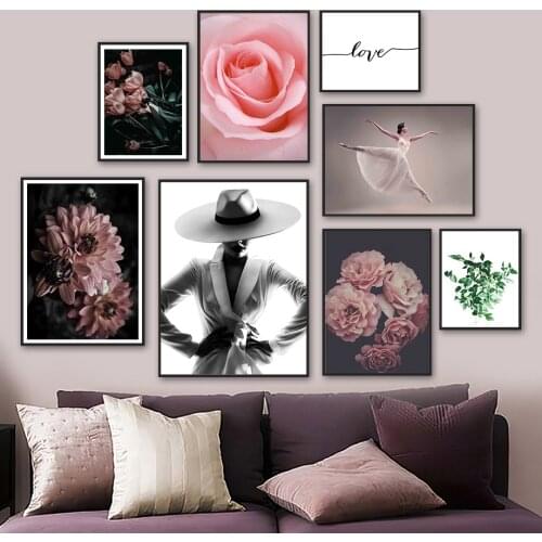 Pink Rose Peony Dahlia Tulip Dance Woman Wall Art Canvas Painting Nordic Posters And Prints Wall Pictures For Living Room Decor