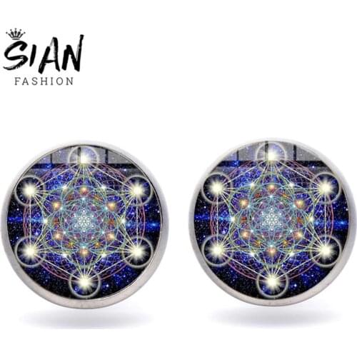SIAN Metatron Cube Magic Hexagram Earrings Sacred Geometry Flower of Life Chakra Symbol Stud Earring Glass Dome Trend Jewellery