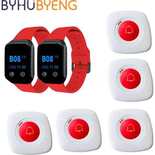BYHUBYENG Wireless Calling System Call Waiter Cafe Office Pager Restaurant Equipment office 2pcs Watch Receivers 5 Buttons