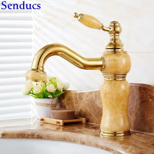 Senducs Gold Jade Stone Bathroom Basin Faucet Single Handle Hot Cold Bathroom Mixer Tap Jade Basin Tap Golden Bathroom Mixer Tap