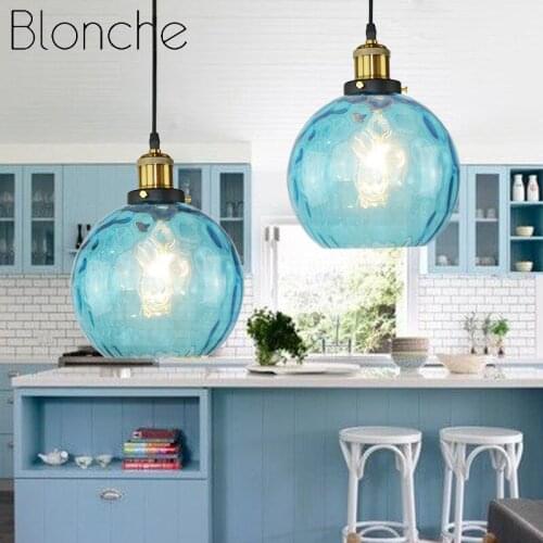 Modern Led Pendant Lamp 20cm/25cm Blue Glass Hanging Lights for Dining Room Bedroom Kitchen Bar Home Decor Metal Fixtures E27