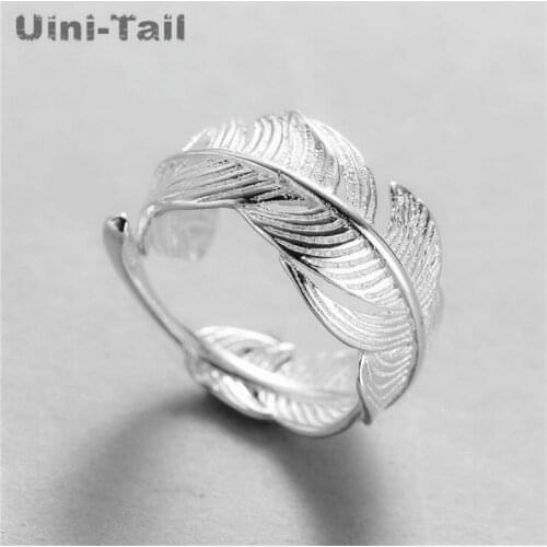 Uini-Tail 2018 hot new 925 sterling silver open feather ring adjustable size girl jewelry fashion tide flow high quality jewelry
