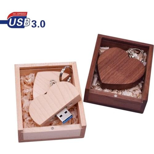 USB 3.0 Wooden heart USB Flash Drive + Wood Box pendrive 64GB 16GB 32GB 4GB 8GB photography wedding gifts (Over 10PCS free logo)