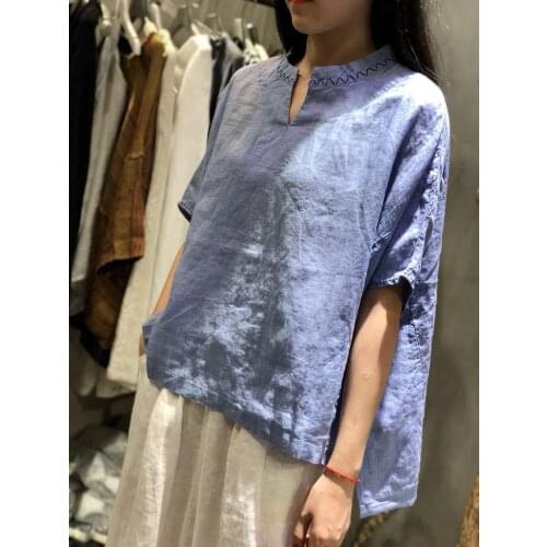 Women Loose Embroidery Tees Shirts Ladies Plus Size Retro Solid Color Irregular Hem Tee Shirt T-shirt Tops Female Summer Shirt