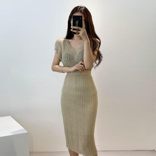 New Women Sexy Two Piece Sets 2020 Summer V-neck Knitted Tops + Wrap Skirt Outfit Elegant Ladies Hollow Perspective Office Suit