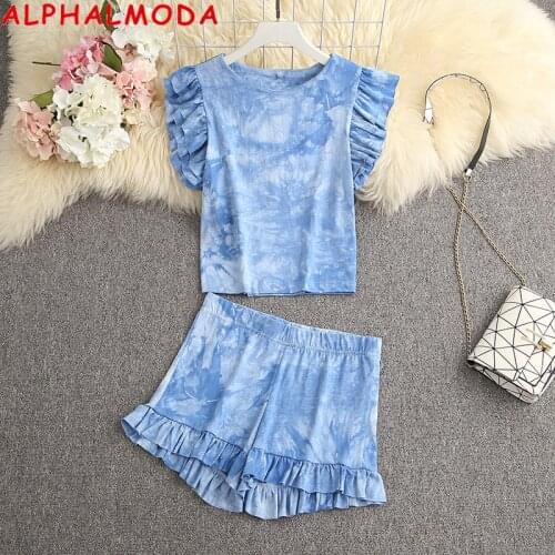 ALPHALMODA 2021 Summer Frill Sleeve Trendy Tie-dyed Crop Tshirt + Frill Shorts Women 2pcs Fashion Lounge Wear Suits