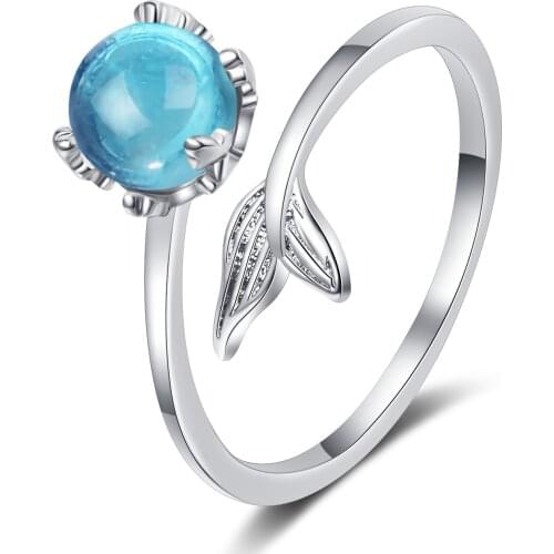 YaYI Jewelry Fashion Princess Cut Blue Opal Pearl Silver Color Engagement Wedding Party Adjustable Mermaid Rings Precious Gift