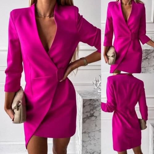 Spring Autumn Long Sleeve Stand Collar Elegant Formal Dresses Rose Red V Neck Belt Irregular Hem Office Dress for Women 2021