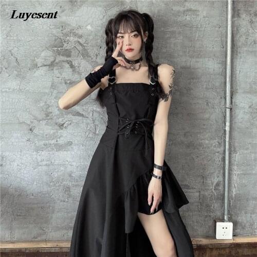 Women Black Gothic Backless Slim Irregular Dress 2021 Summer Lady Dark Punk Lace-up Waist Strap Sleeveless Dresses Streetwear