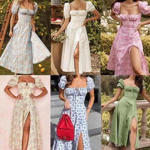 New Printed Ladies Hanging Neck Wrap Breast Dress French Square Collar Floral Summer Slim Suspender temperament dress female