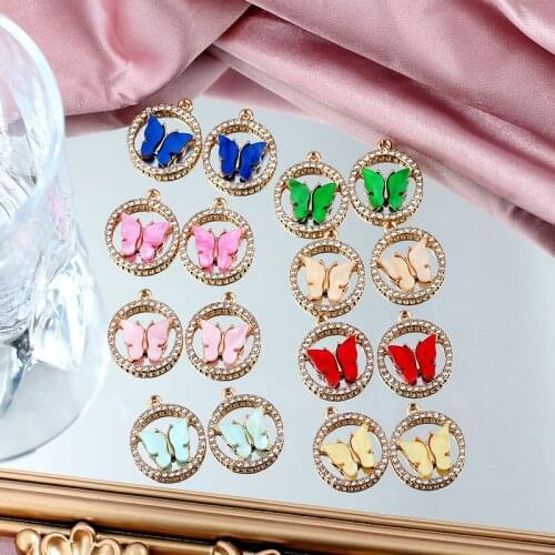 10Pcs/lot Multicolor Acrylic Butterfly Charms Round Rhinestone Frame Insect Pendant For Necklace Accessories Jewelry Making DIY