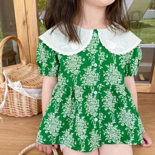 2021 Summer Fashion Floral Short Sleeve Shirt Girls Cotton Embroidered Baby Shirt Top