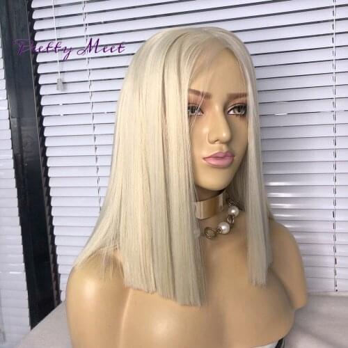 613 Color Natural Straight Bob Synthetic Lace Frontal Wig For Women Middle Part Ombre Blond Heat Resistant Fiber Hair Daily Use