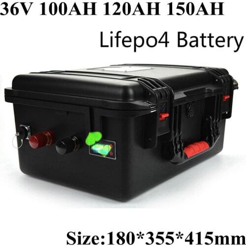 Rechargeable 36V 100Ah 120Ah 150Ah LiFepo4 Lithium Battery Pack BMS 12s for Fishing Boats Caravans Solar System +10A Charger